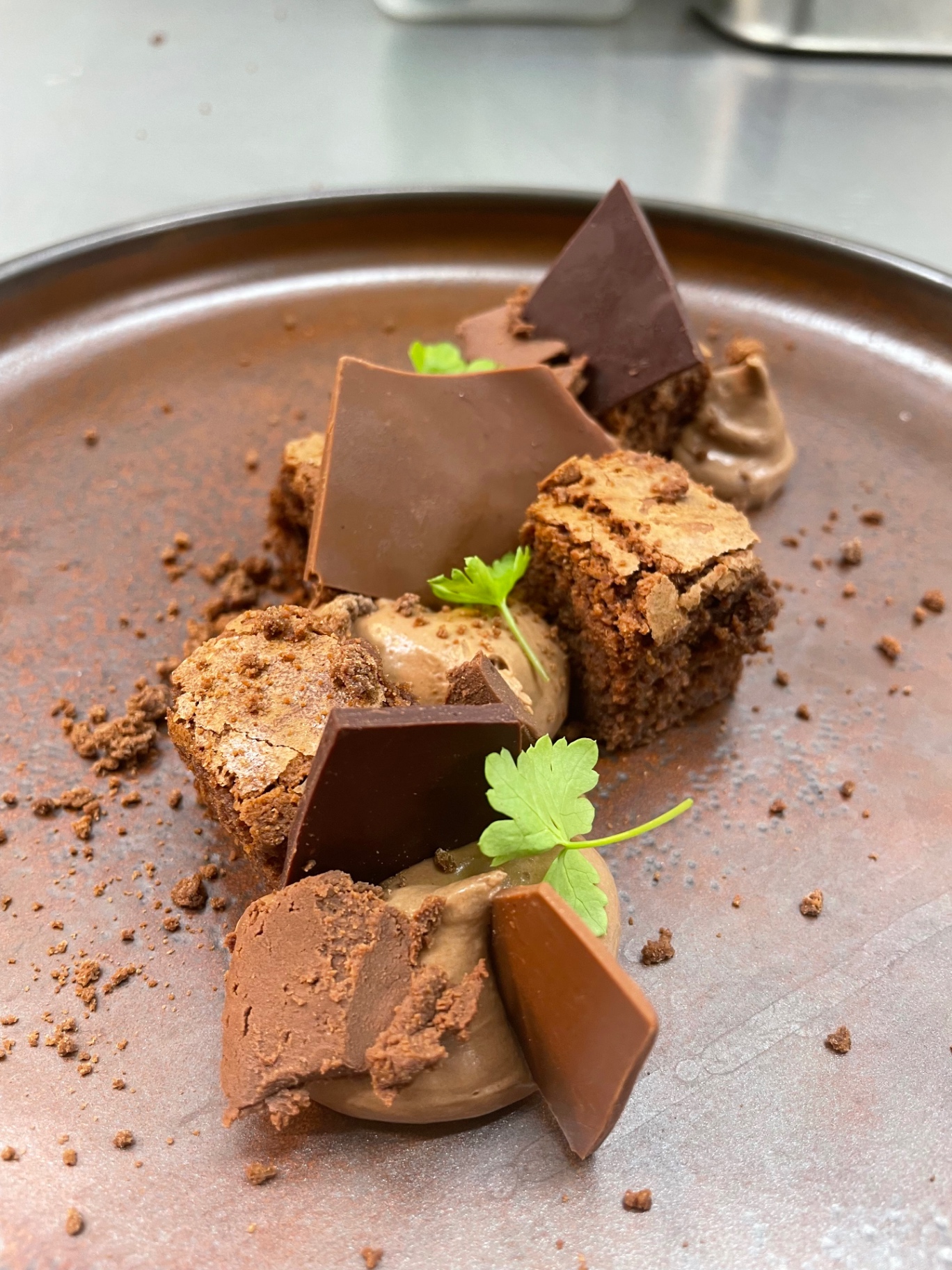 Chocolate brownie, mousse, dark chocolate shards