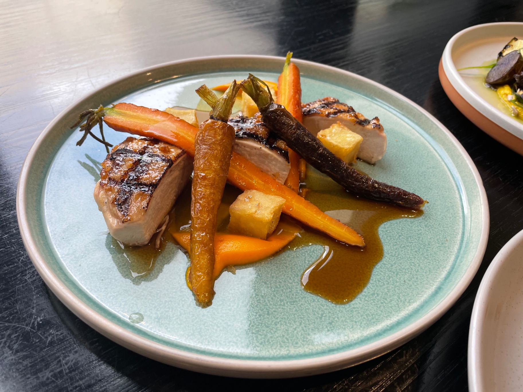 Grilled chicken, heirloom carrots, jus