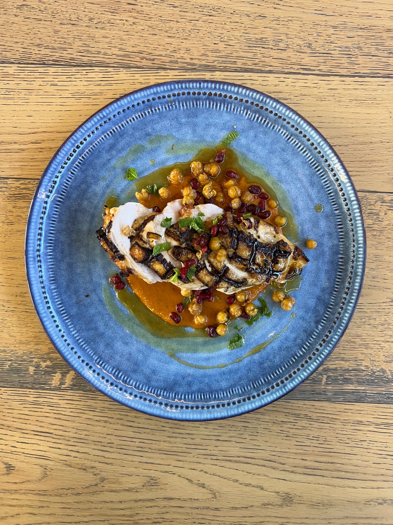 Roast chicken, charred eggplant, crispy chickpeas